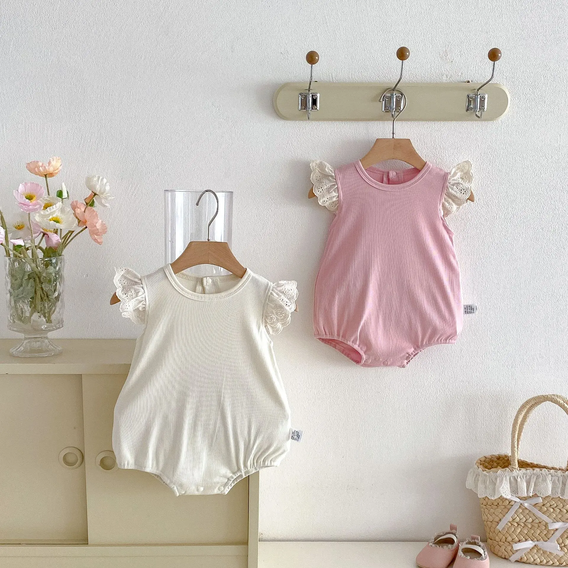 2026 Summer New Baby Girl Cute Flying Sleeve Bodysuit Solid Newborn Infant Sweet Princess Jumpsuit Cotton Toddler Clothes 0-24M
