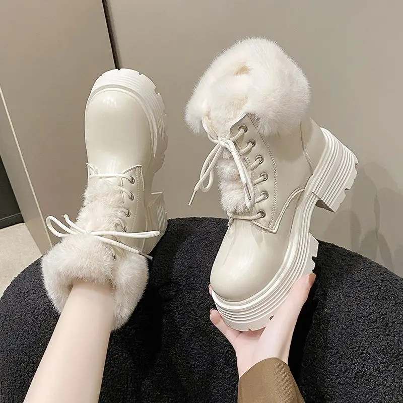 

Furry Round Toe Beige Fur Lace-up Women's Snow Boots Comfortable and Elegant on Offer Promotion 2025 New In Hot Ladies Shoes