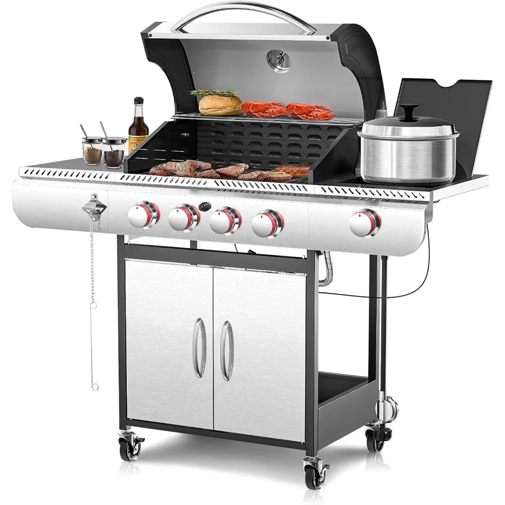 BBQ Gas Propane Grill 4 Burner Cast Iron Flat Grill Griddle Combo with Side Burner Stainless Steel 42000 BTU for Outdoor Cooking