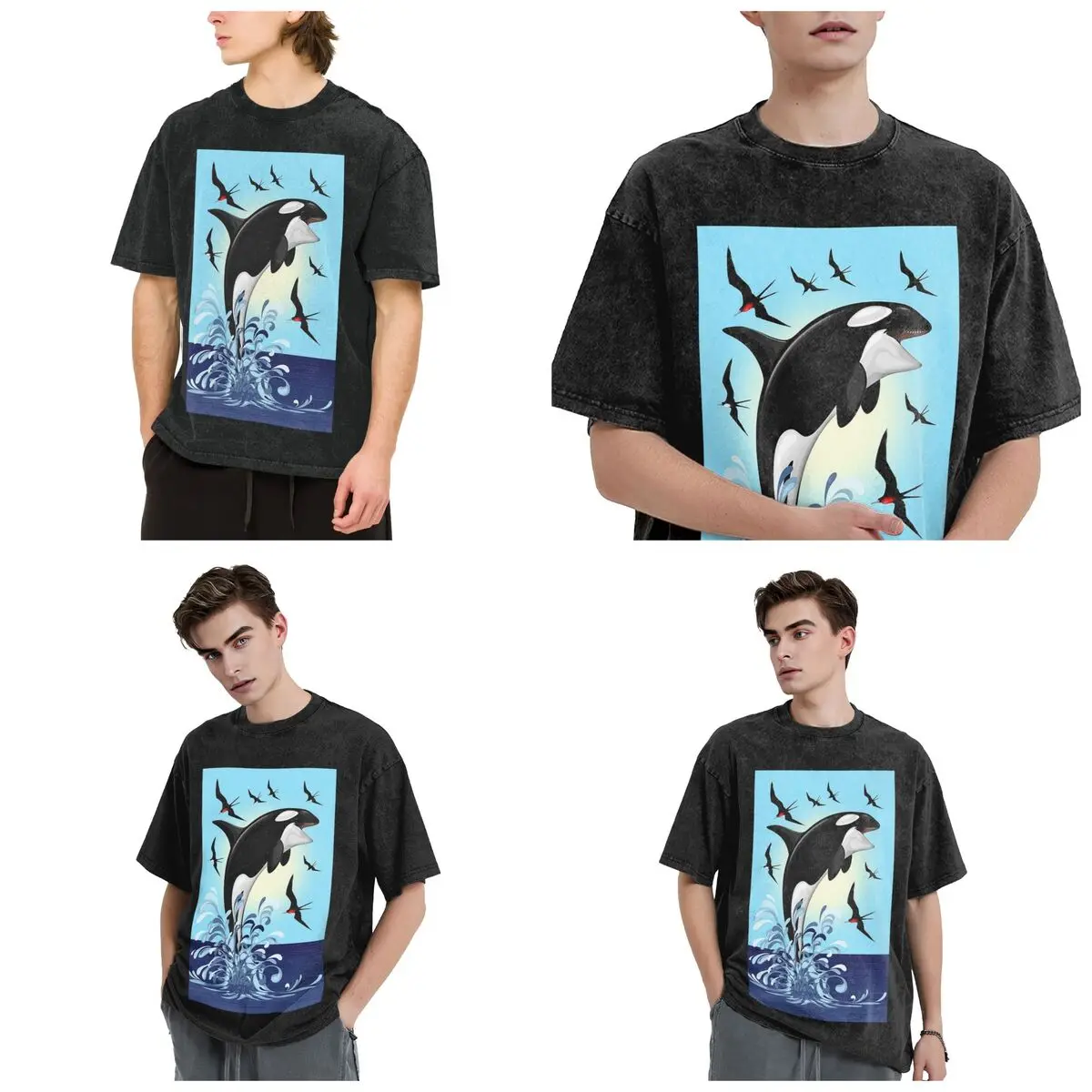 Streetwear T-Shirts Orca Killer Whale Jumping Out The Ocean Washed T Shirt Short Sleeve Hip Hop T-Shirt Tops Tees for Men Women