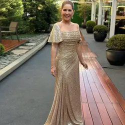 Elegant Dress Women for Wedding Party Boat Neck Mother of Bride Dress 2025 Sequins with Pleats Off Shoulder Golden Long Evening