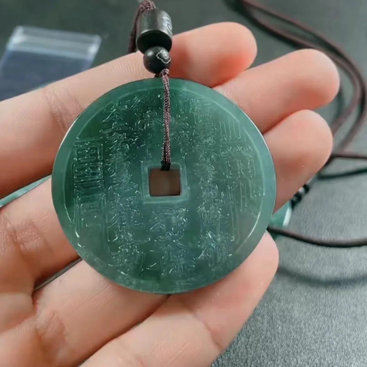 

Natural Jadeite Blue Water Ancient Coins Jade Pendant Necklace Lucky Bagua Jewelry Suitable for Men and Women