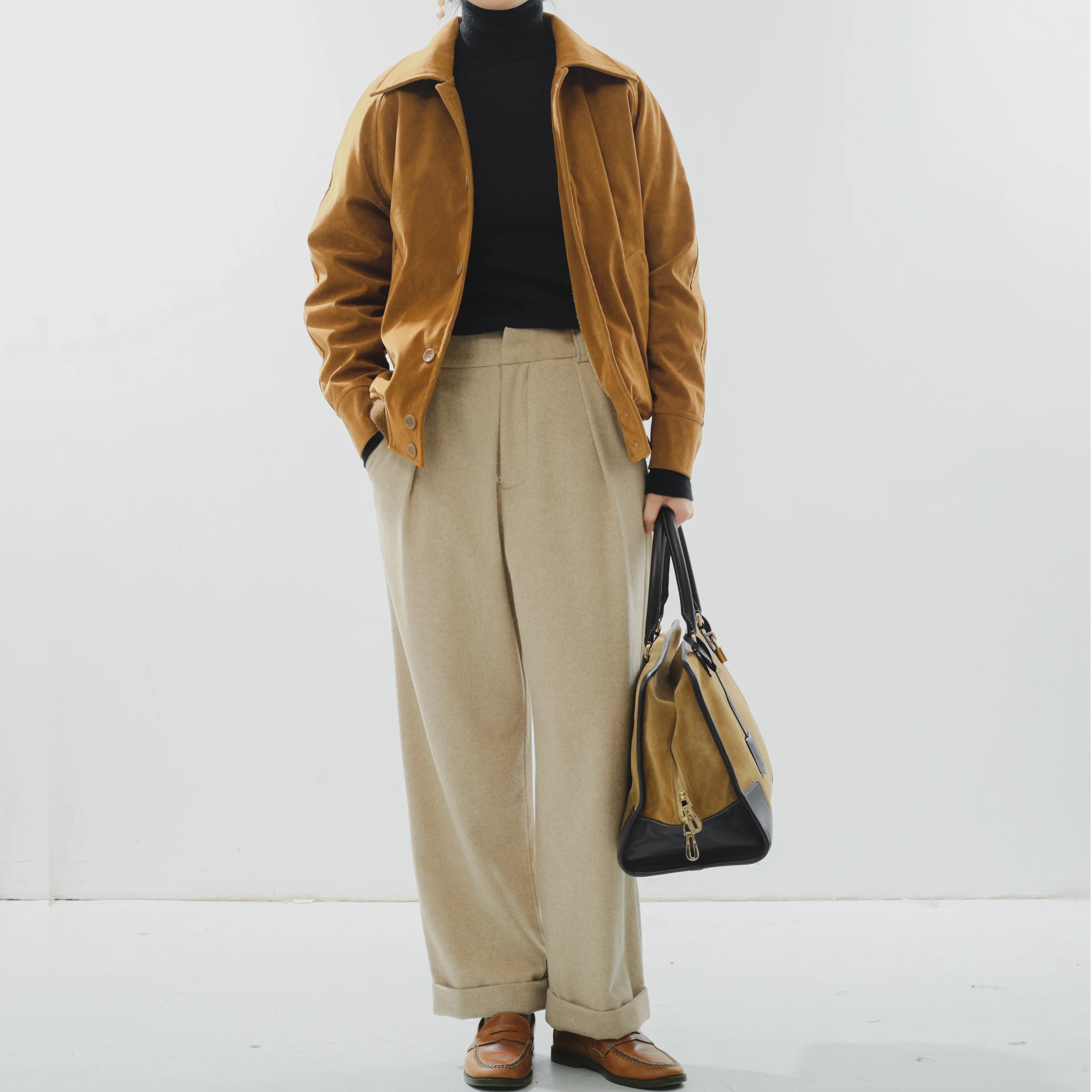 ملابس خارجية من Coudre Vintage Sle Thiened Caramel Suede Jaet Retro Journat Tone ملابس خارجية فنية للسيدات من ألياف البوليستر