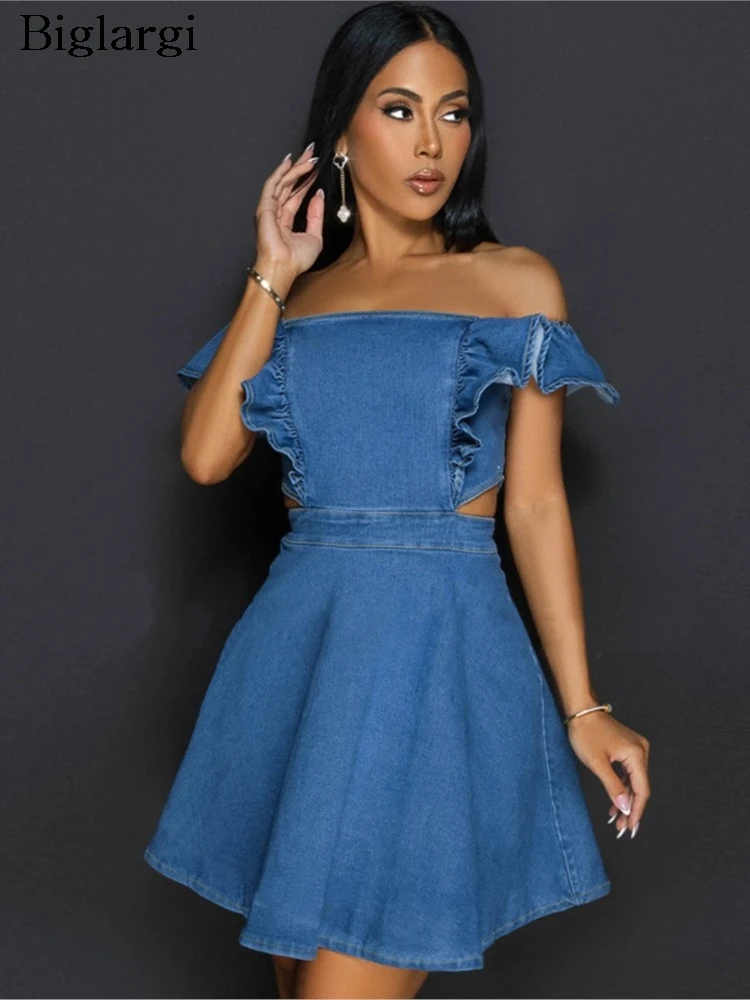 

Denim Summer Off Shoulder Dress Women Ruffle Pleated Patchwork Sleeveless Fashion Retro Ladies Dresses A-Line Woman Mini Dress