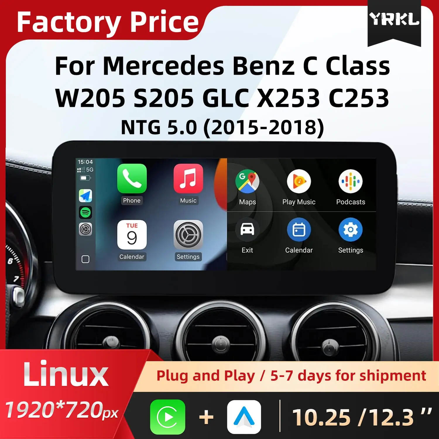 

For Mercedes Benz C Class W205 S205 GLC X253 C253 Carplay Android Auto Car Radio Video Player Monitor Touch Screen Monitor Linux