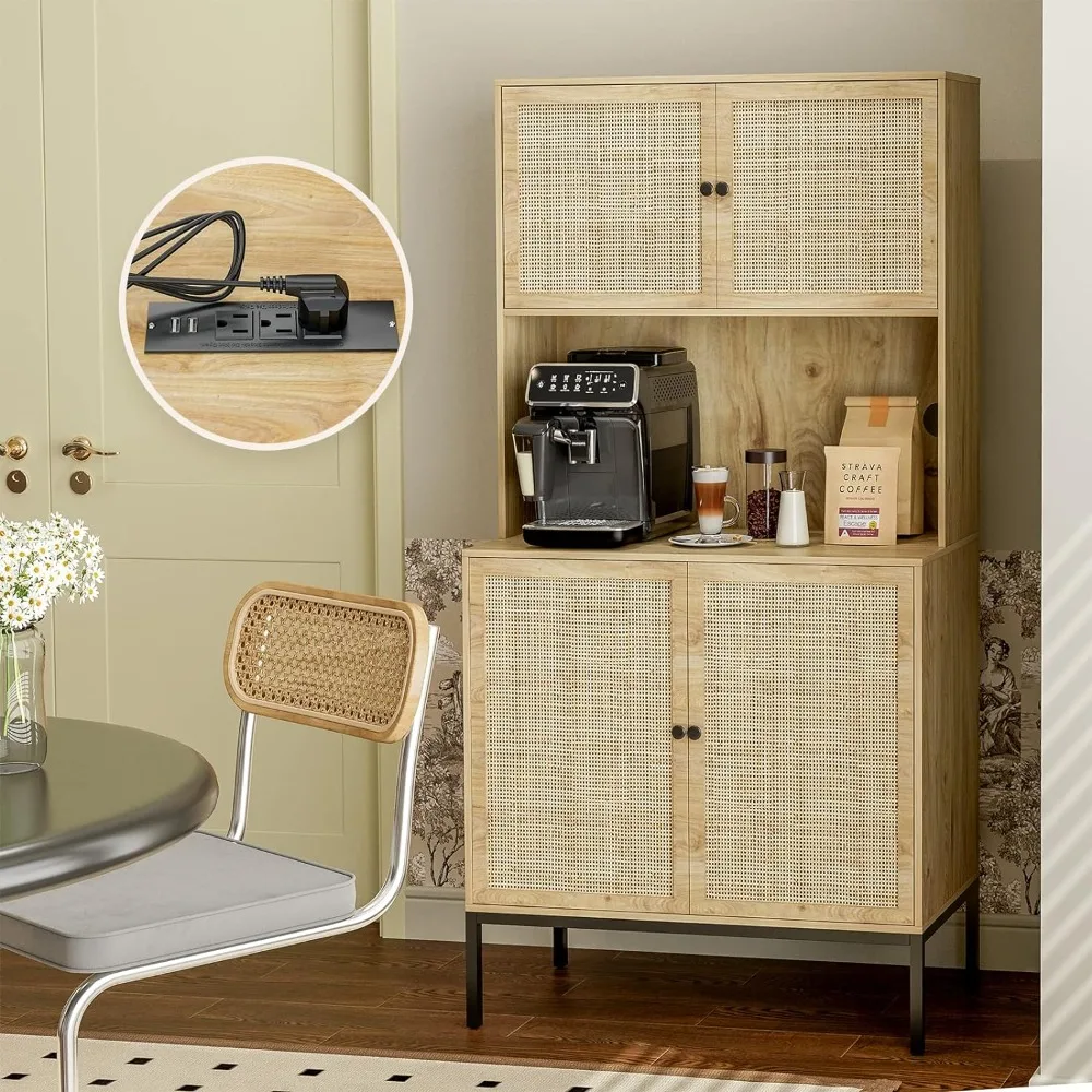 

Kitchen Pantry Rattan Storage Cabinet with Outlet and USB Ports, Kitchen Sideboard Buffet Cabinet with Handmade Rattan