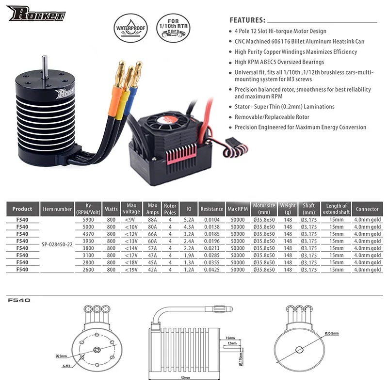 Surpass Hobby Rocket F540 Brushless Motor 4370KV 3930KV 3100KV 2800KV KK 60A ESC T/XT60 Plug for 1/10 1/12 RC Car Wltoys 12428 - Image 3