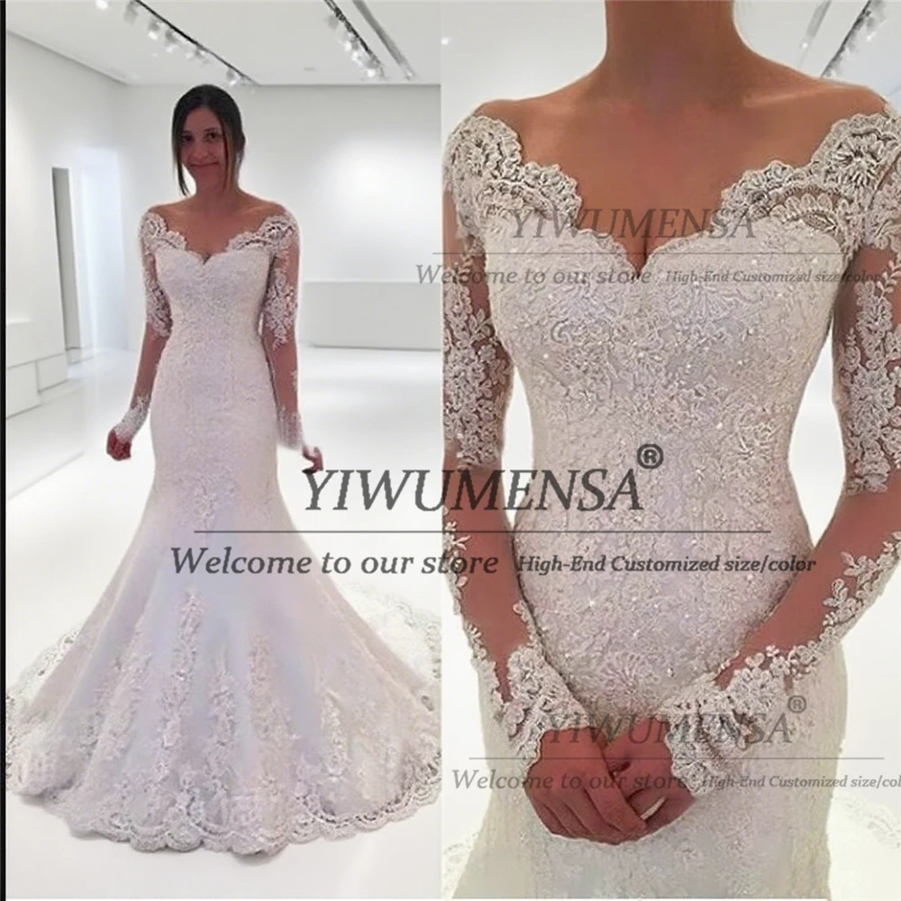 Elegancka suknia ślubna syrena z aplikacjami z koralikowej koronki dla panny młodej, szyta na miarę, dekolt w serek, długie rękawy, suknie ślubne damskie, odzież bankietowa.