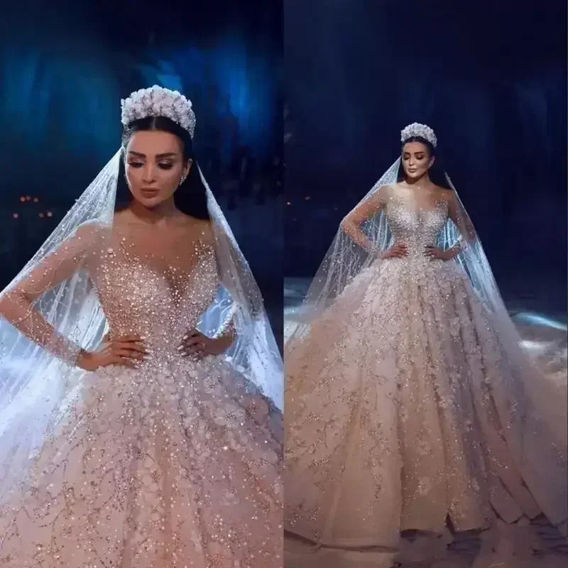 Customized Arabic Luxury Ball Gown Wedding Dress Blingbling Bead Lace Appliques Princess Bridal Gown Plus Size Vestido De Noiva