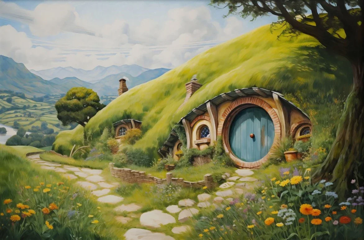 H-Hobbit House Canvas Painting Art Print, Shire Landscape Wall Art, Nature Countryside Fantasy for Living Room Home Decor,