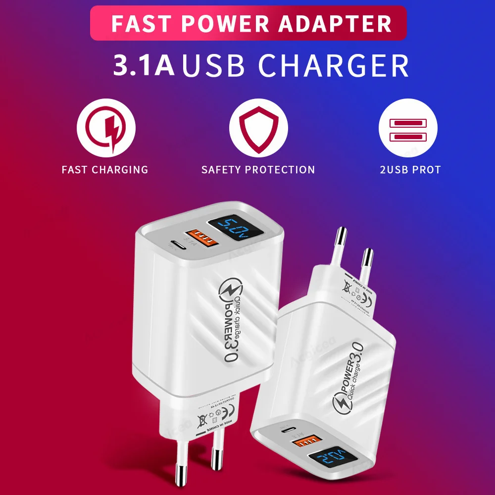 PD USB Charger 20W Fast Charge Adapter with Digital Display For Iphone Samsung Xiaomi Huawei Cell Phone Chargers Quick Charge3.0