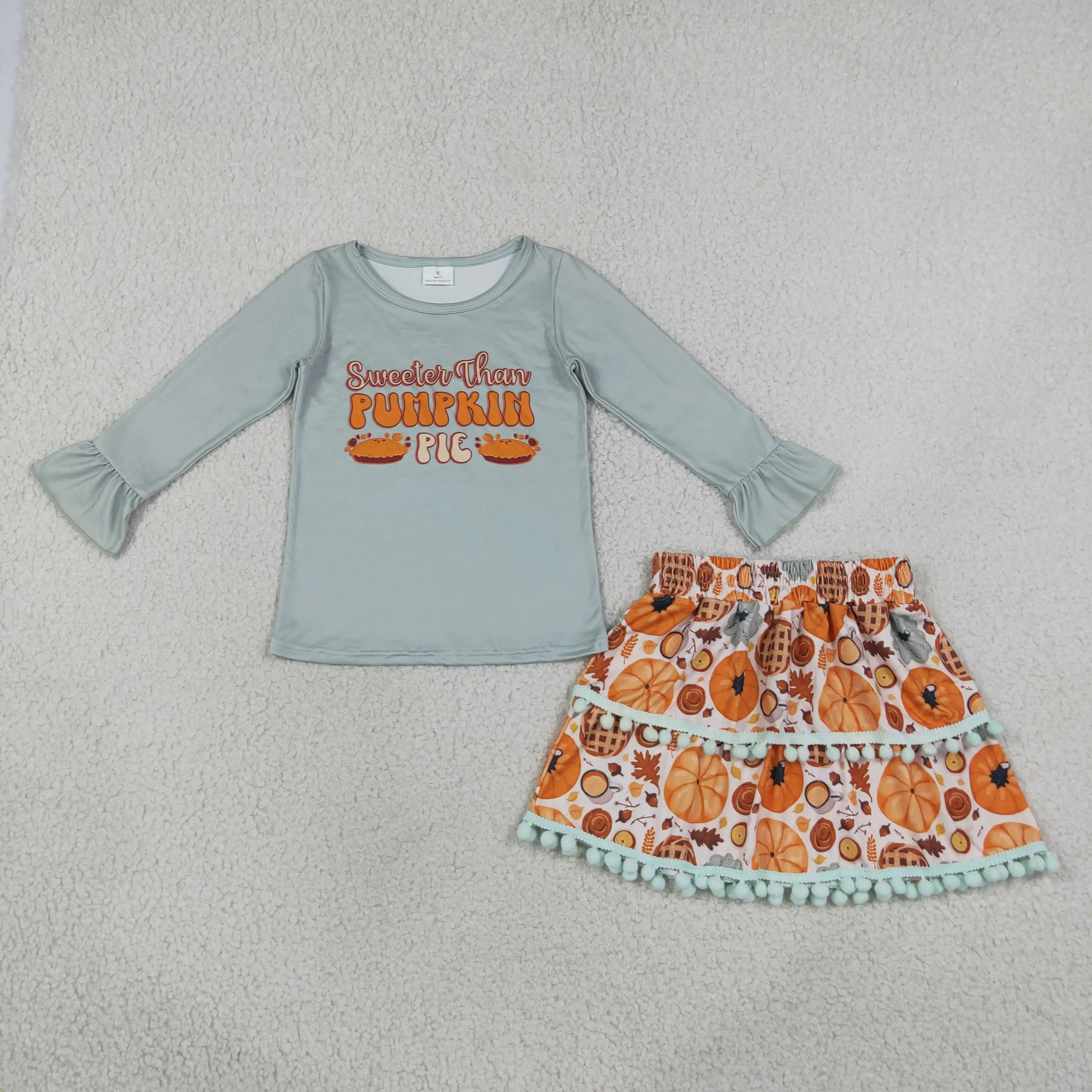 Wholesale Children Long Sleeves Shirt Pumpkins Skirt Fall Outfit Baby Girl Clothes Toddler Kids Thanksgiving Set