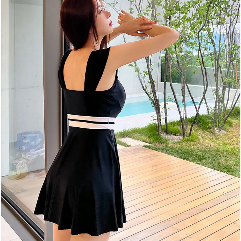 Women\'s 2023 Summer Black Modest Bathing Suit Dress Push Up One Piece Swimsuit Solid Skirt Slimming Plain Female Swimwear