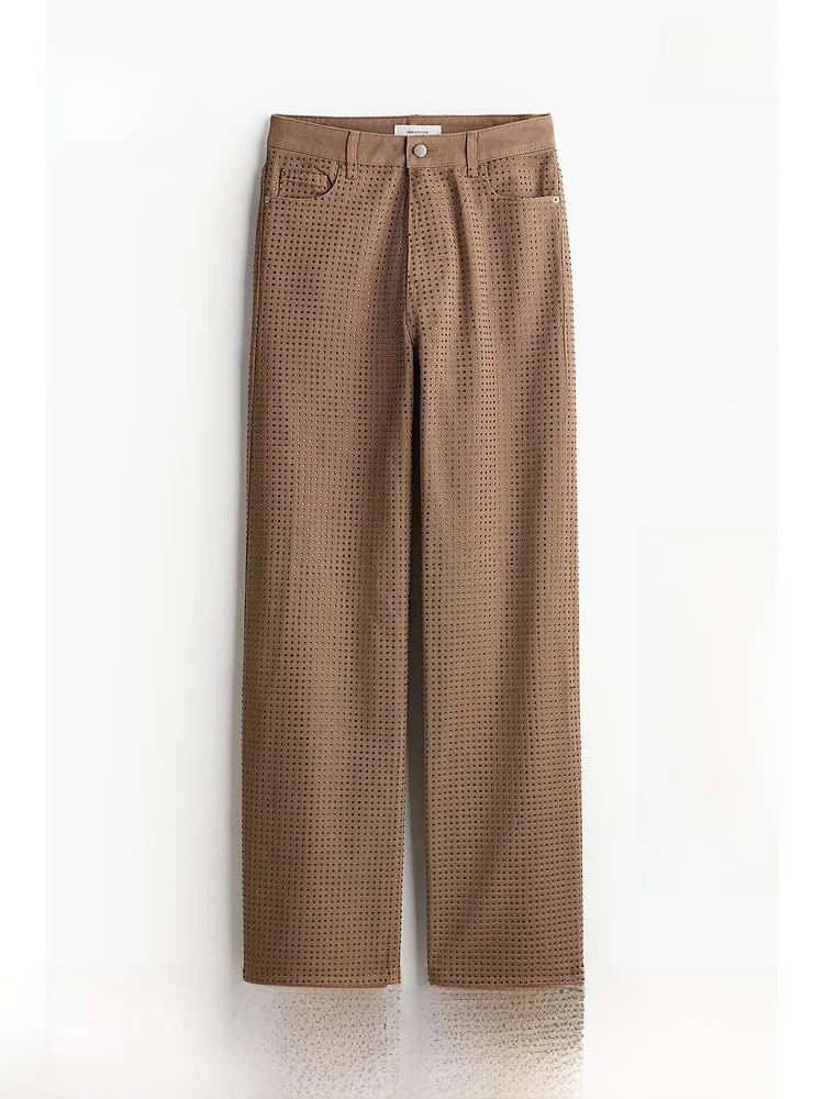 

H&M Women's Casual Straight Leg Jeans Fashionable Summer Diamond Decorated Standard Fit Natural Waist Cotton Denim