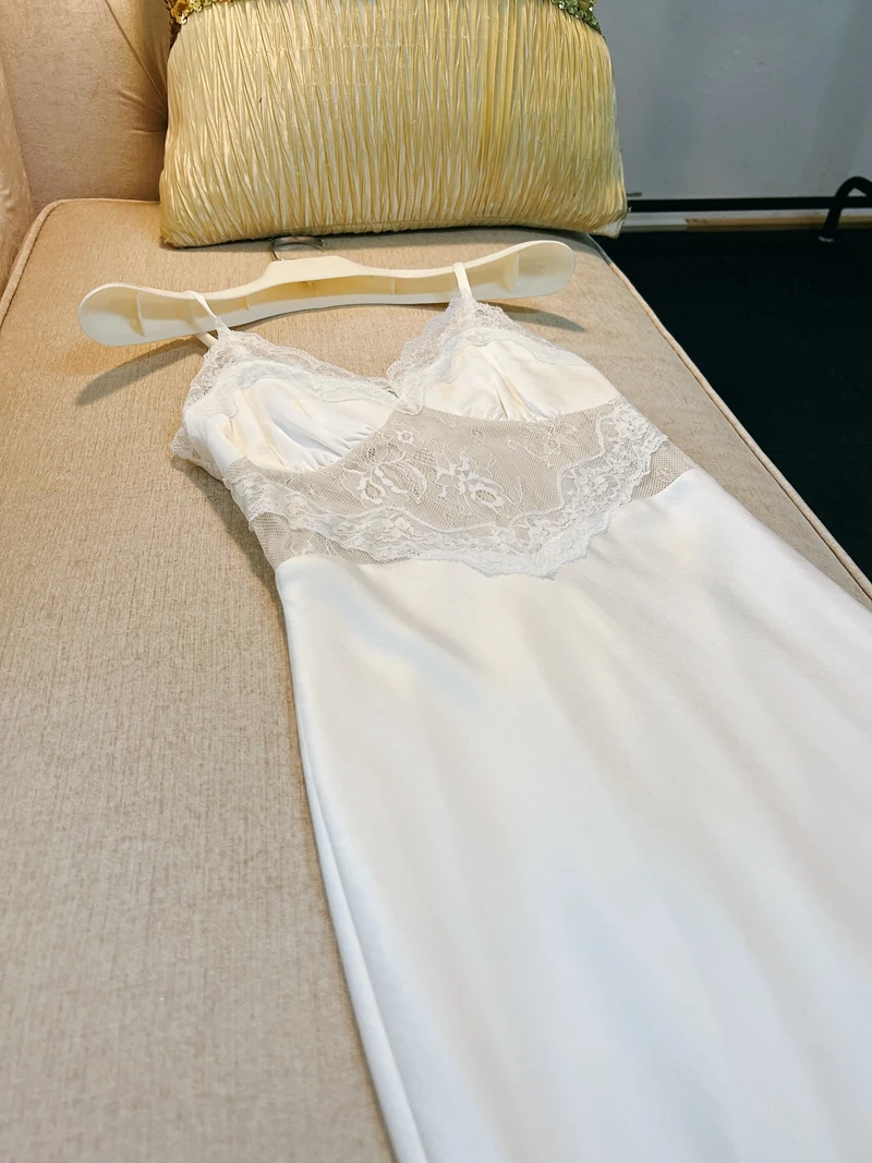 

Ele White Lace Hollow out Silk Long Dr Women's French Sle High Waist A-Line Gown V-Ne Zipper Closure Summer Dr