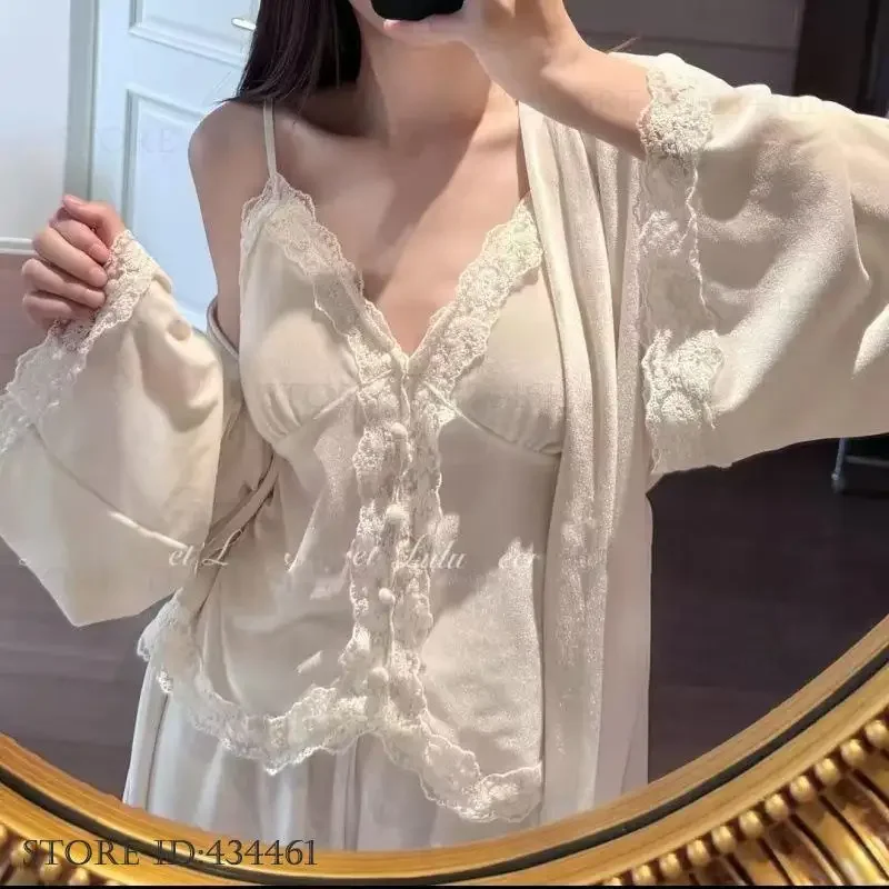

Elegant French Style Robe Cardigan Pijamas Suit with Breast Pad Loose Sleepwear Homewear Autumn Winter Velvet 3PCS Pajamas Set