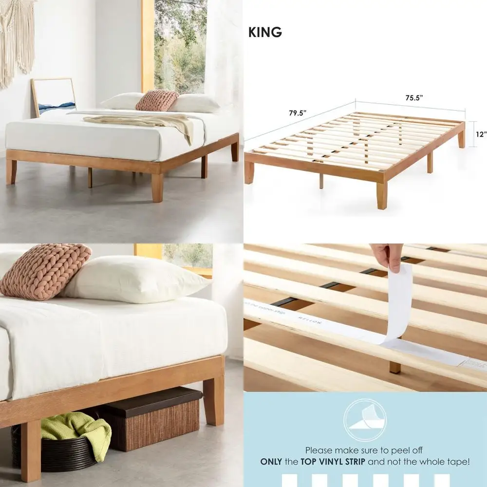 

12-дюймовая кровать-платформа из массива дерева с деревянными ламелями, не требует пружинного блока, простая сборка, размер King Size, натуральная сосна