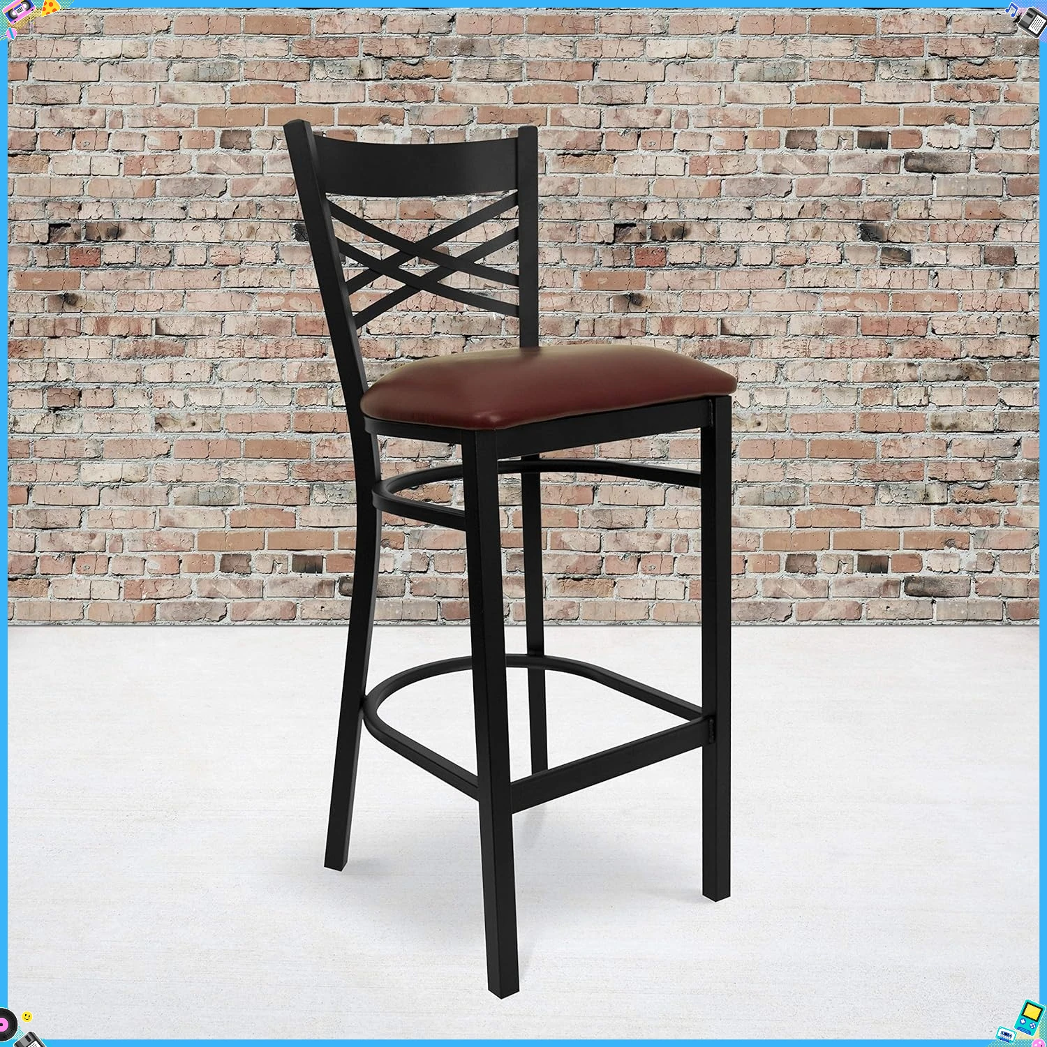 Industrial Style Black X Back Metal Barstool - Burgundy Vinyl Seat for Kitchen Island & Restaurant Counter