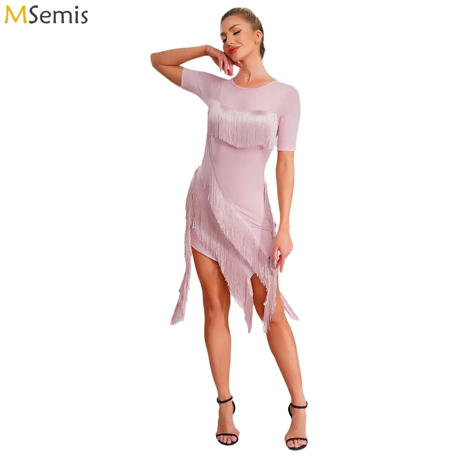 

Womens Latin Tango Chacha Rumba Salsa Dance Outfits Performance Costume Tiered Tassel Short Sleeve Mesh Dress with Safety Shorts