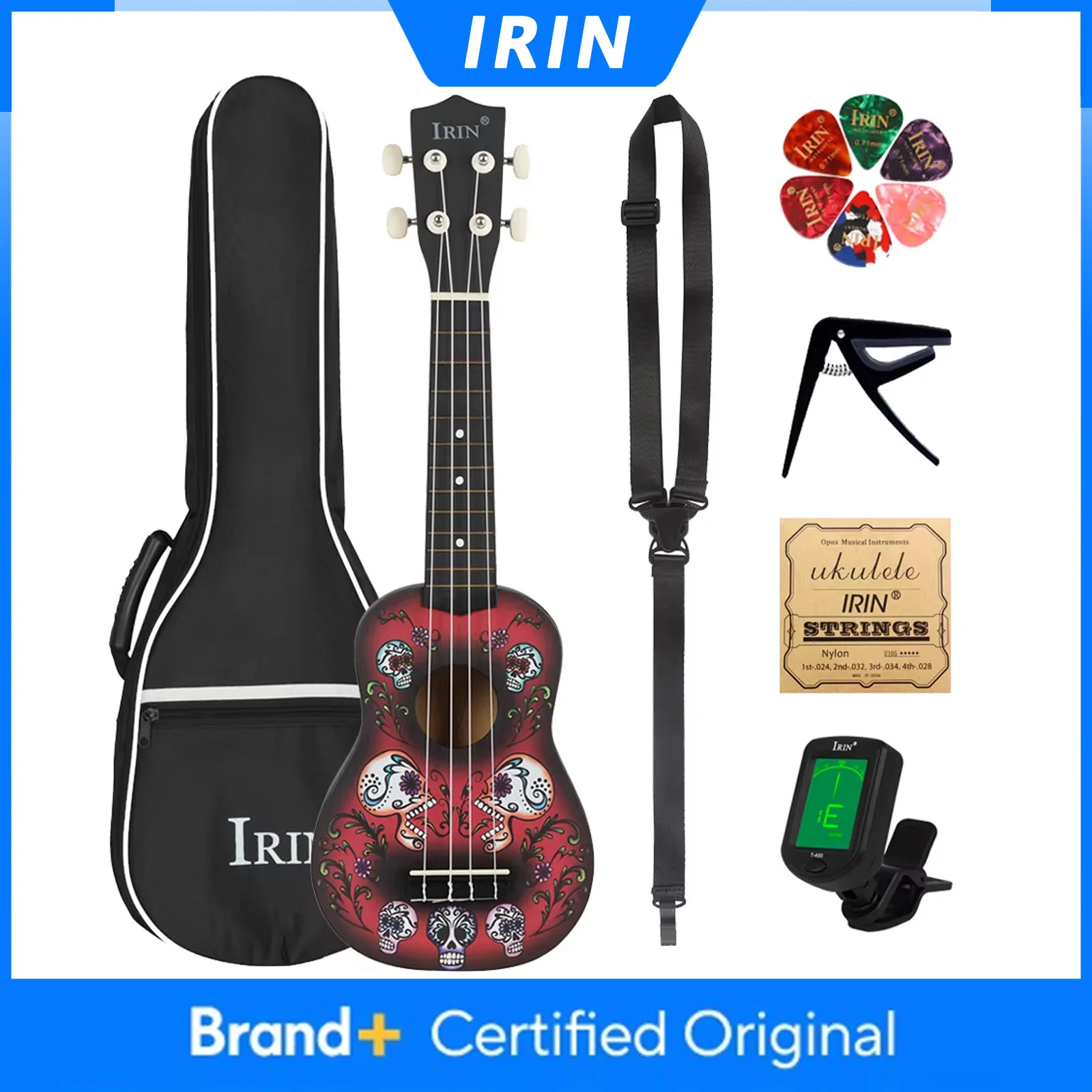 

Укулеле IRIN 21 дюйм, 4 струны, гавайская гитара, укулеле с рисунком черепа, с чехлом, струнами, тюнером, медиаторами, запчасти и аксессуары для гитары