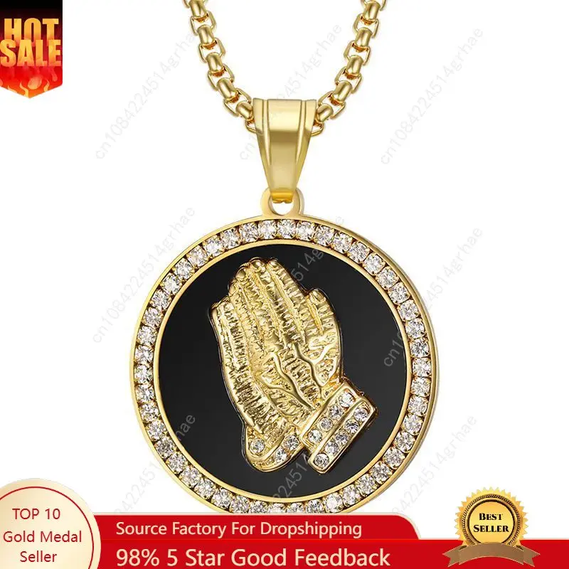 

New Praying Hands Pendants & Necklaces with zircon Brother Gift Silver/Gold Color Stainless Steel Hip Hop Men Chain Jewelry