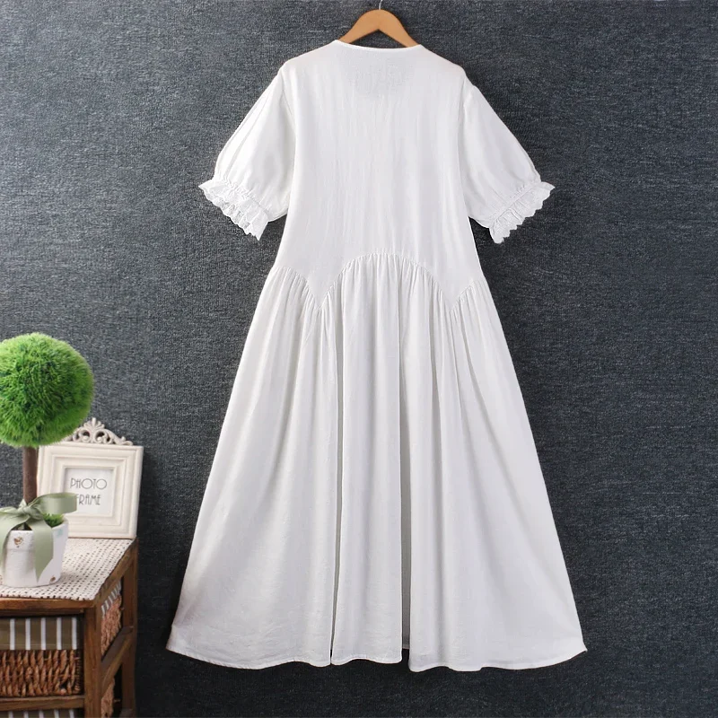 Summer Sweet Mori Girl Hollow Out Embroidered Cotton Linen Dress Women O-neck Short Sleeve Casual Loose A-line Dresses