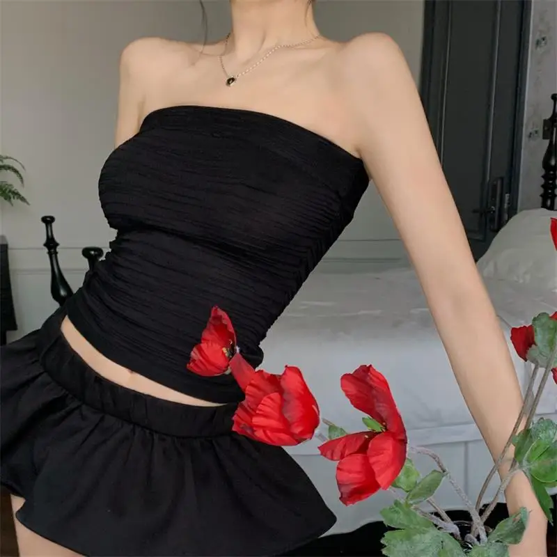 Summer Short Strapless Crop Top Knit Wrapped Chest Bottom Shirt with Pleated Black Sexy Tank Top Basic Top for Wome Club