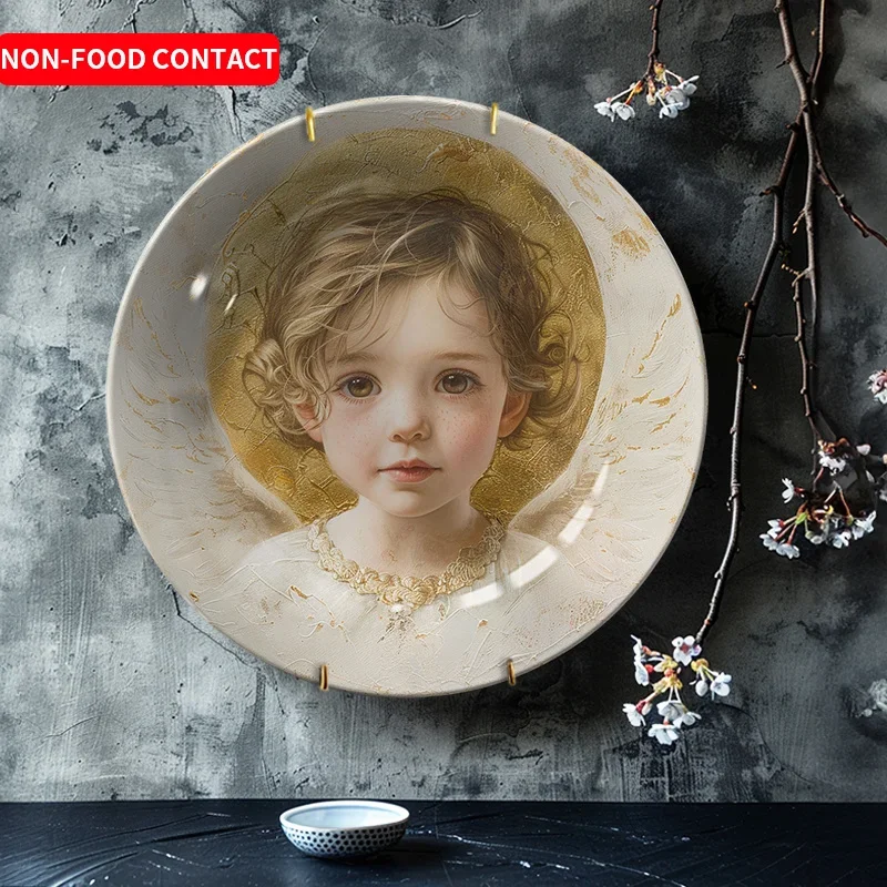 1pc Angel Ceramic Decorative Plate - Pure White Embossed Style Wall Hanging, Non-Food Contact Religious Style Ornament for