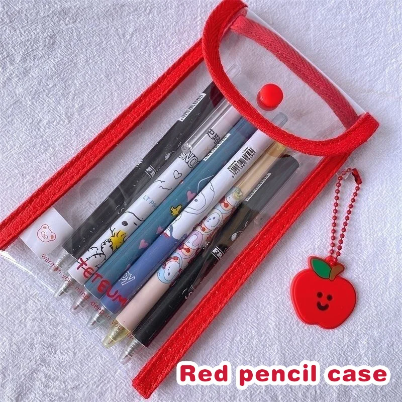 Transparent Pencil Case Red Simple Pen Bag Kawaii Cosmetic Bag Portable Students Tool School Study Stationery Office Supplies