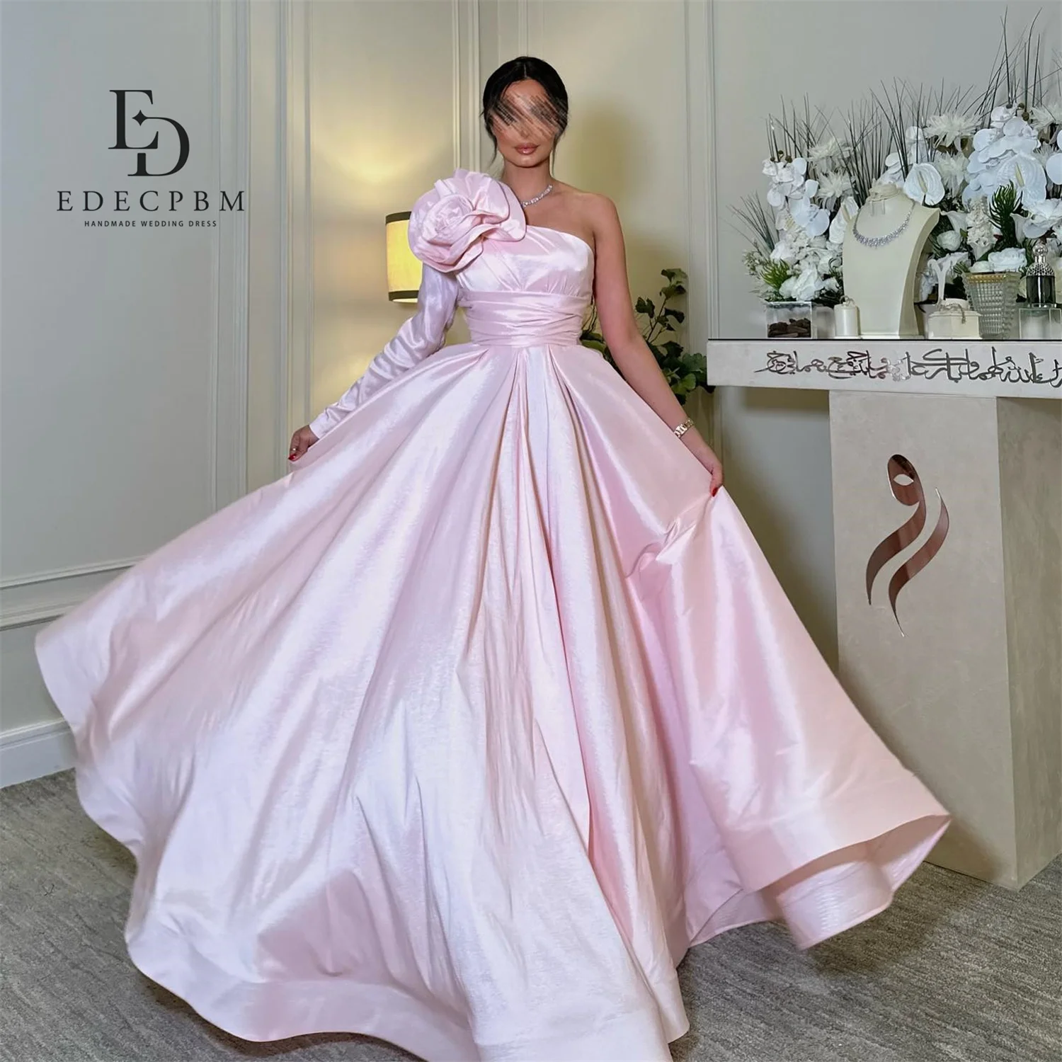 EDECPBM エレガントなパーティードレス 2025 イブニングドレス レディース プロムドレス ピンク サテン カスタムメイド ワンショルダー イブニングドレス