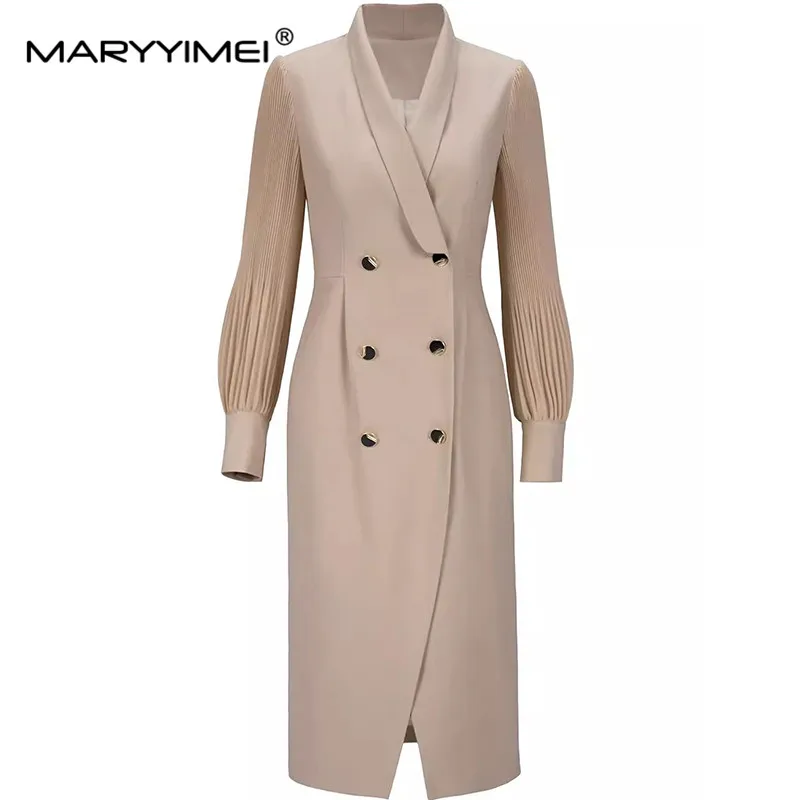 

MARYYIMEI Autumn and winter New Style Women's Dress Lantern Sleeved Double breasted Commuter Vintage Solid Color Dresses