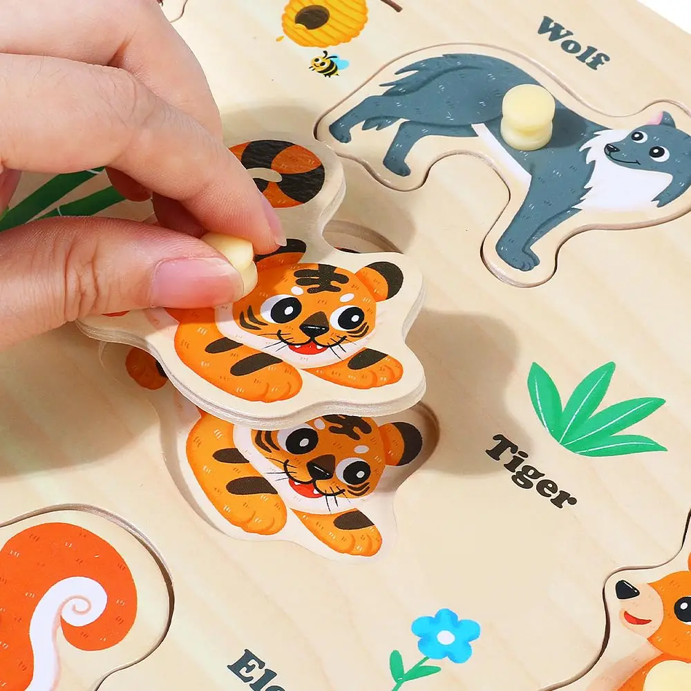 Mainan bayi puzzle pasak kayu Montessori mainan papan pegangan tangan mainan kayu puzzle Tangram Jigsaw kartun hewan buah 3D Mainan Edukatif