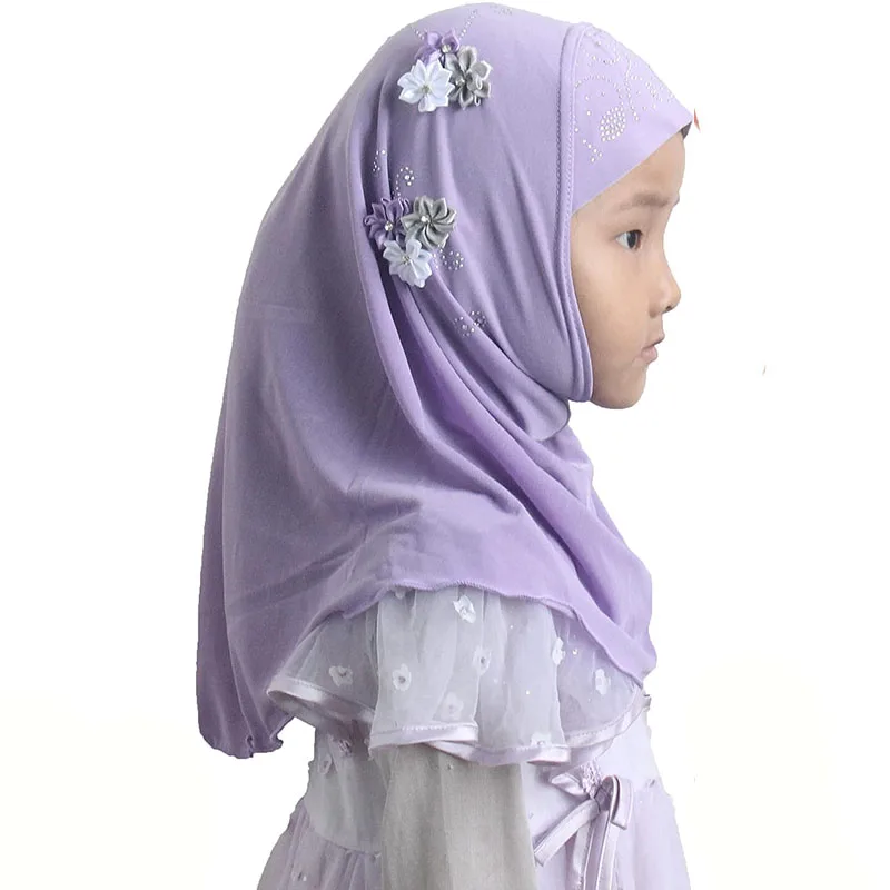 Modest Beauty girls Muslim Islamic Scarf Hijab Handmade flower lovely Rhinestone Headscarf for Kids