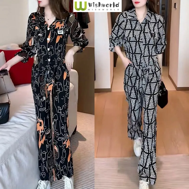 

Spring and Autumn New Style Slimming Set Women's Fashion Printed Top Wide Leg Pants Age Reducing Two Piece Set