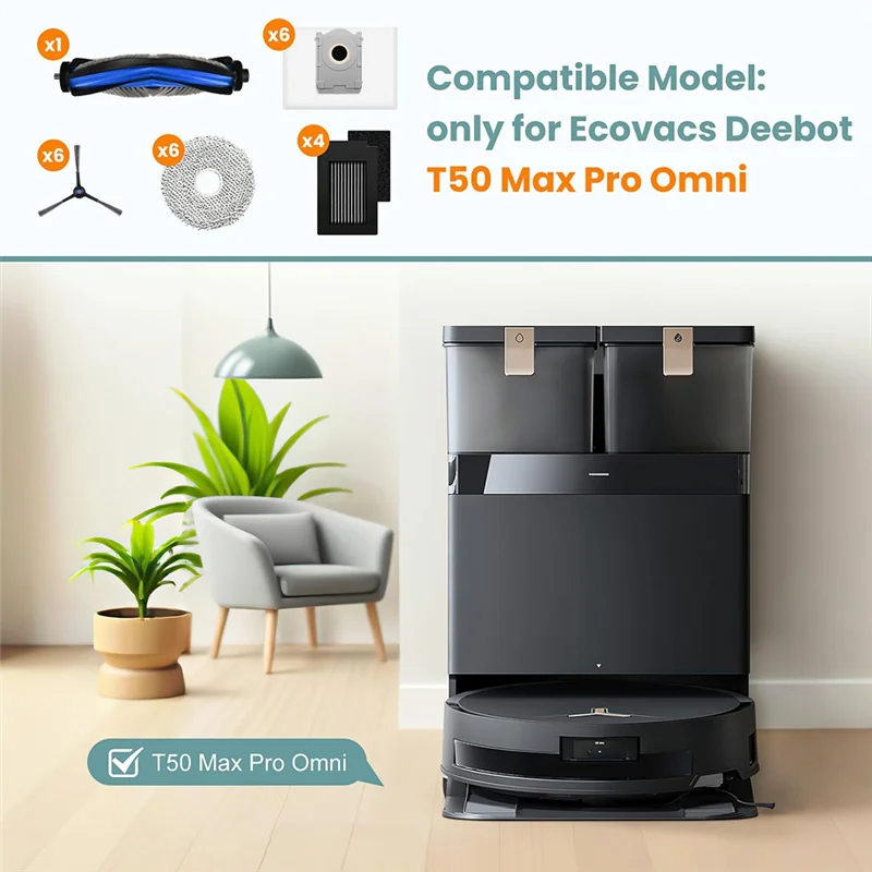 A24P For Ecovacs Deebot T50 Max Pro Omni Robot Vacuum Replacement Kit Includes Main Brush, Dust Bags, Filters, Mop Pads