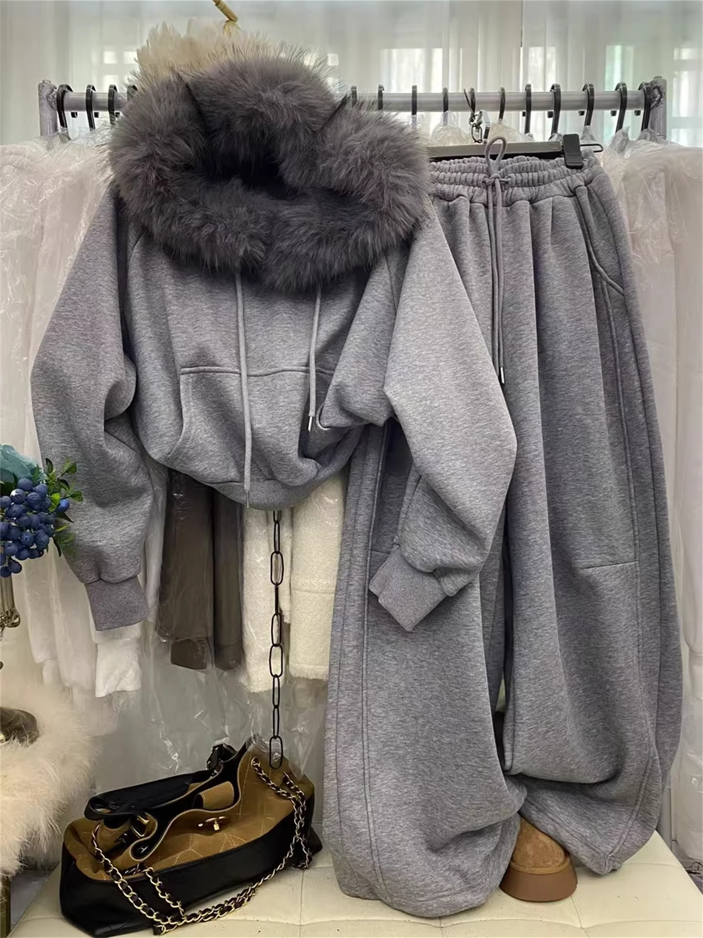 

Korean Sle Lazy Streetwear Winter Outfit Fce Lined Hoodie And Pants Two Piece Set High Waist Long Pants Comfortable Spor...