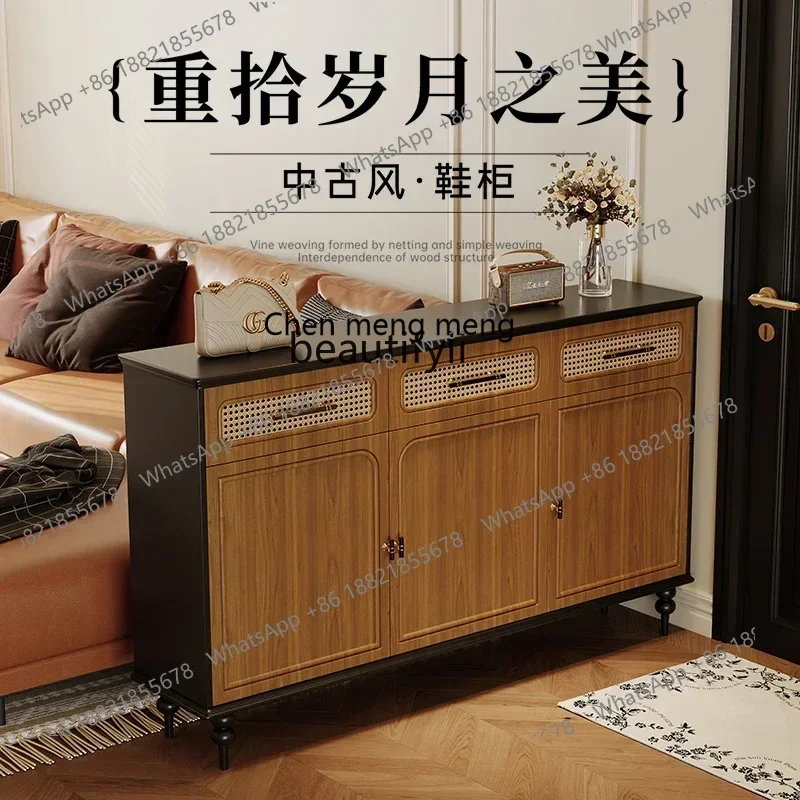 T Medieval shoe cabinet rattan household solid wood retro home American large-capacity multi-layer super large entrance cabinet