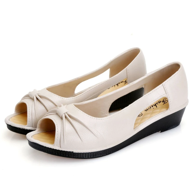 

Women's Beige Sandals Soft Leather Upper Cutout Design Knot Decor Comfortable Work Shoes Fashion Breathable Footwear for Spring