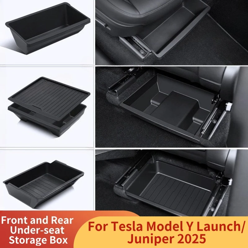 

Front and Rear Under-seat Storage Box for Tesla Model Y Launch/Juniper 2025 TPE/ABS Organizer Tray Trash Can Car Accessories