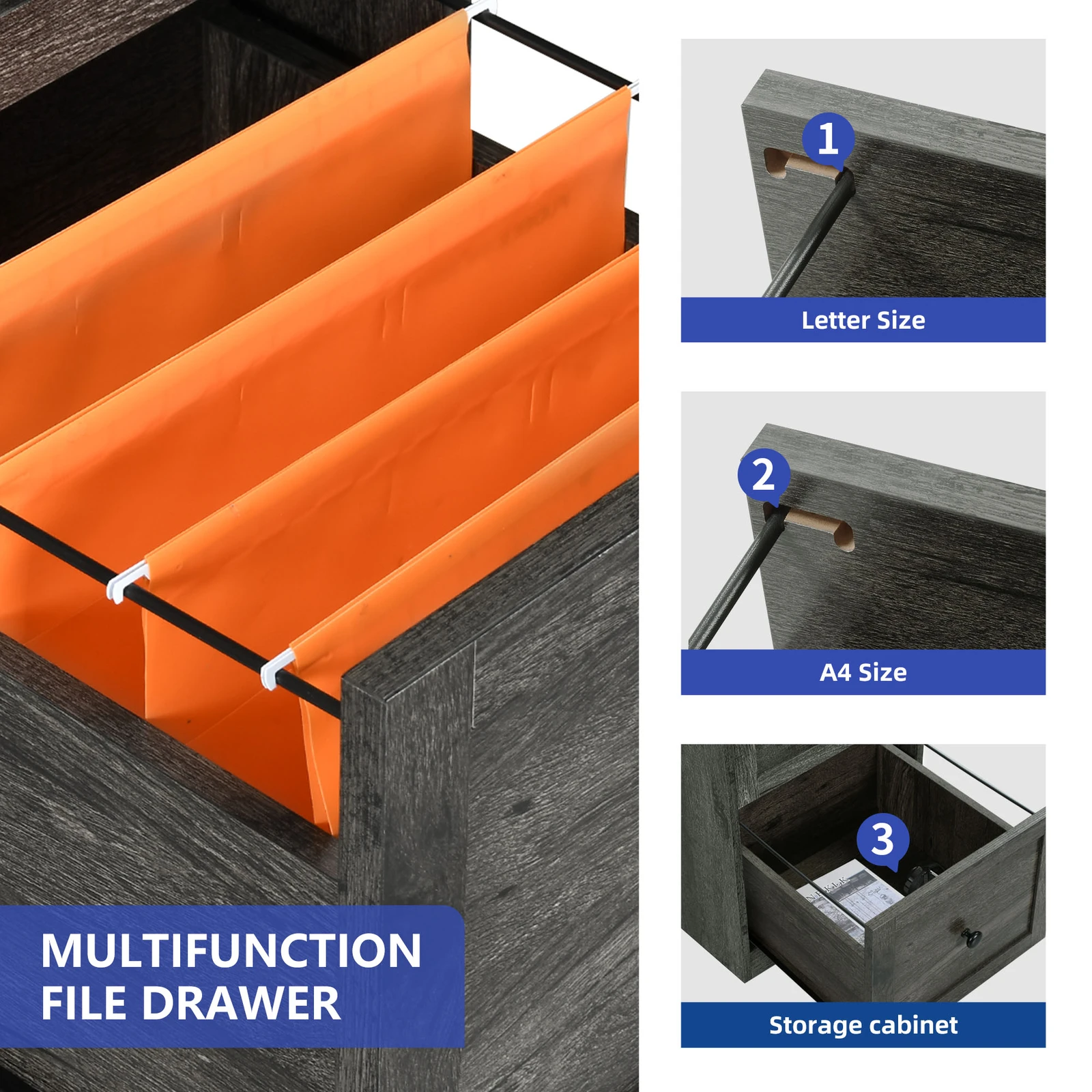59" L Shaped Office Computer Desk Lift Top File Drawers LED Light Power Outlet