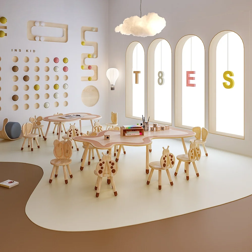 

Children's study table Kindergarten tables and chairs wood toy table Sales department Picture book library desk
