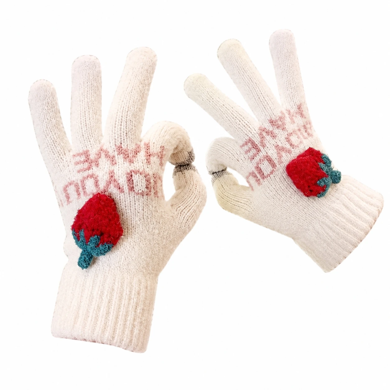 Winter Gloves Fleece Lined Strawberry Knit Touchscreen Hand Warmers Windproof Elastic Cuff for Outdoor Cycling Driving