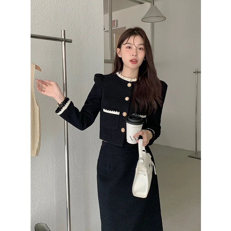 

Sweet Hot Girl Suit Women's Autumn/Winter Retro Thick O-neck Long-sleeved Coat High Waist Skirt Two-piece Set Female Clothes