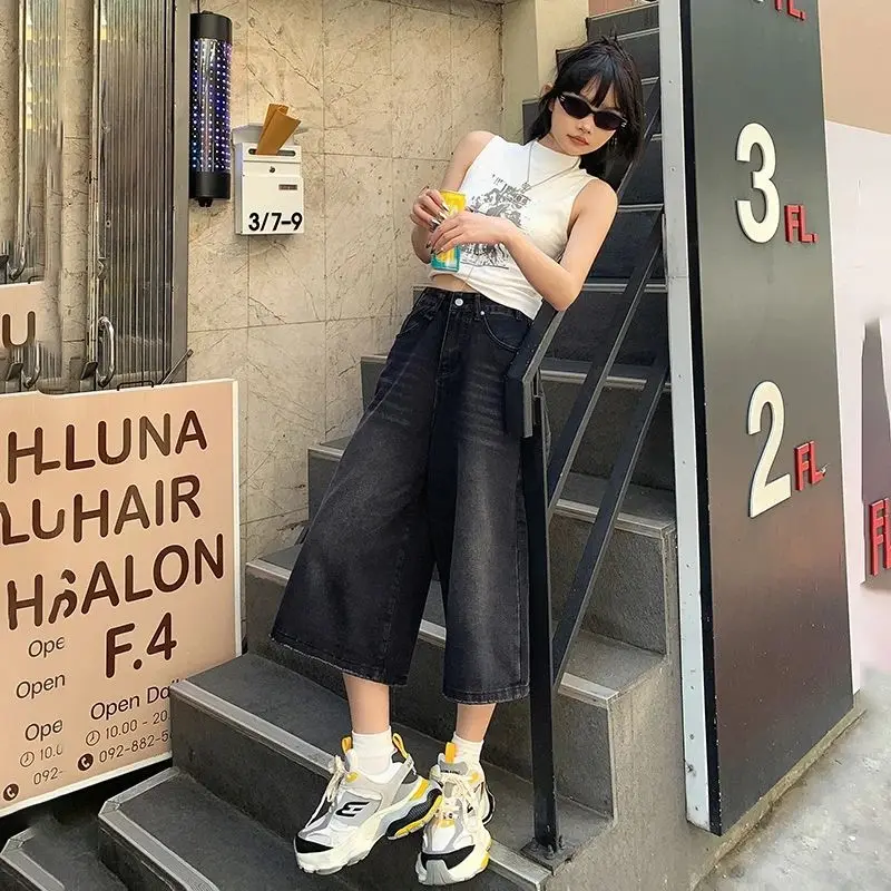 Summer American Style Vintage Women Baggy Jeans Y2k Loose Washed High Waist Knee Length Denim Pants Streetwear Wide Leg Shorts