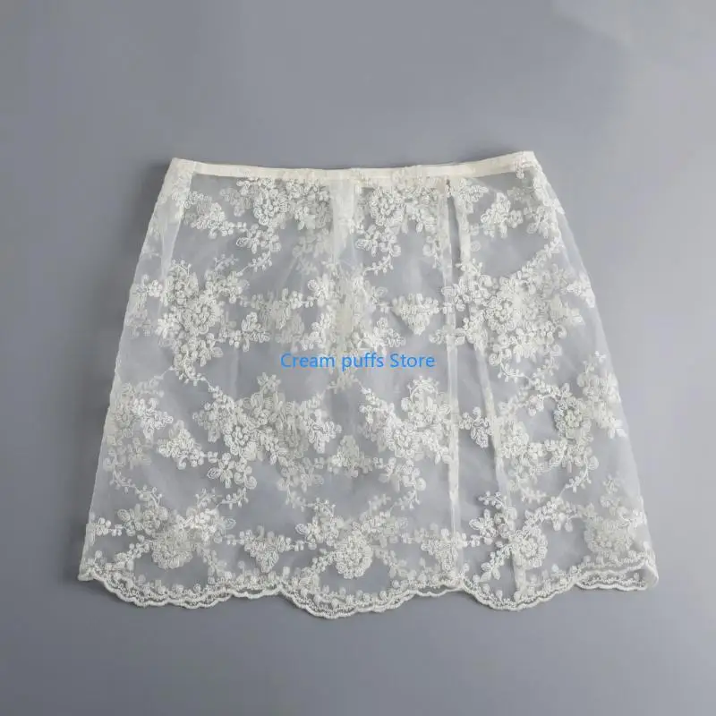 50LE Aesthetic Layering Half Wrap Skirt See Through Embroidery Flower Lace Hip Covering Apron Skirt Side Button Overskirt
