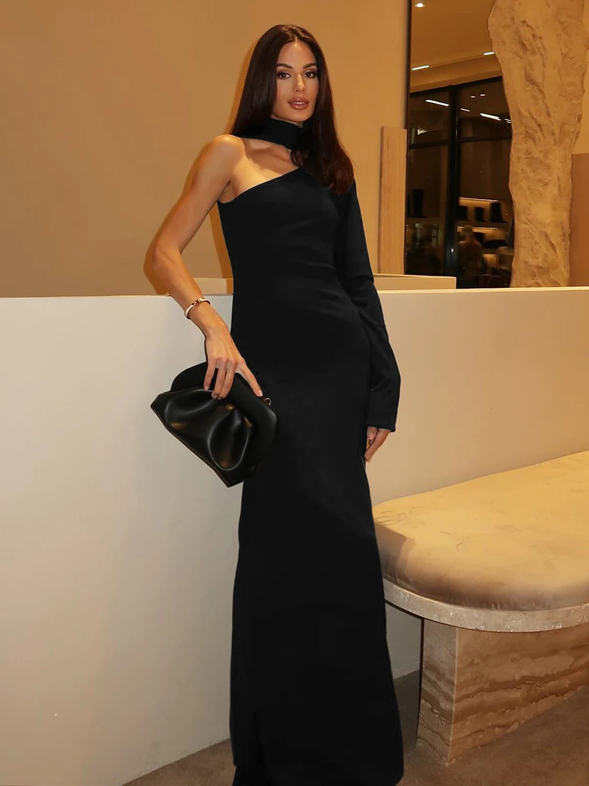 Ele WEIRD PUSS Single Sve Long Dr Women's Slim Fit Ne Hanging oulder Dr Faionable أنبوب مستقيم Dr