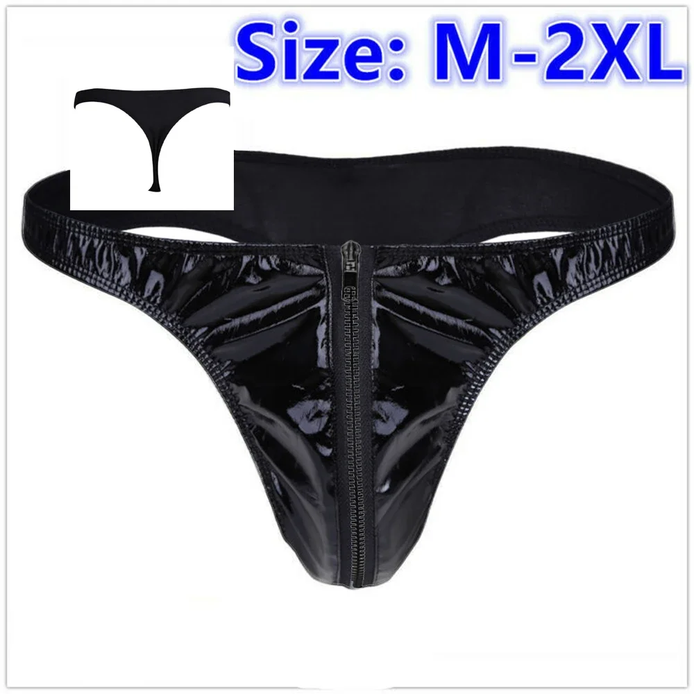 Mens Low Waisted Faux Leather Lingerie Wet Look Leather Invisible Zippered Pouch Briefs Bikini Thong Underwear Men\'s Thong