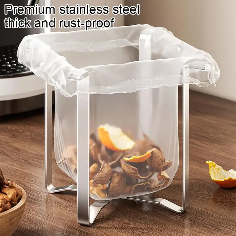 Stainless Steel Foldable Garbage Bag Holder Multifunctional Rack Portable Waste Storage Stand for Kitchen Countertop Desktop