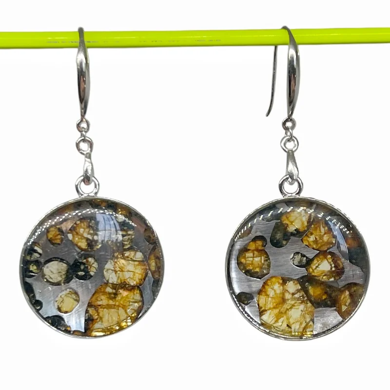 Seymchan Pallasite Meteorite Drop Earrings Natural Olivine Crystals Round Resin Sealed Dangle Hook Ladies Space Jewelry