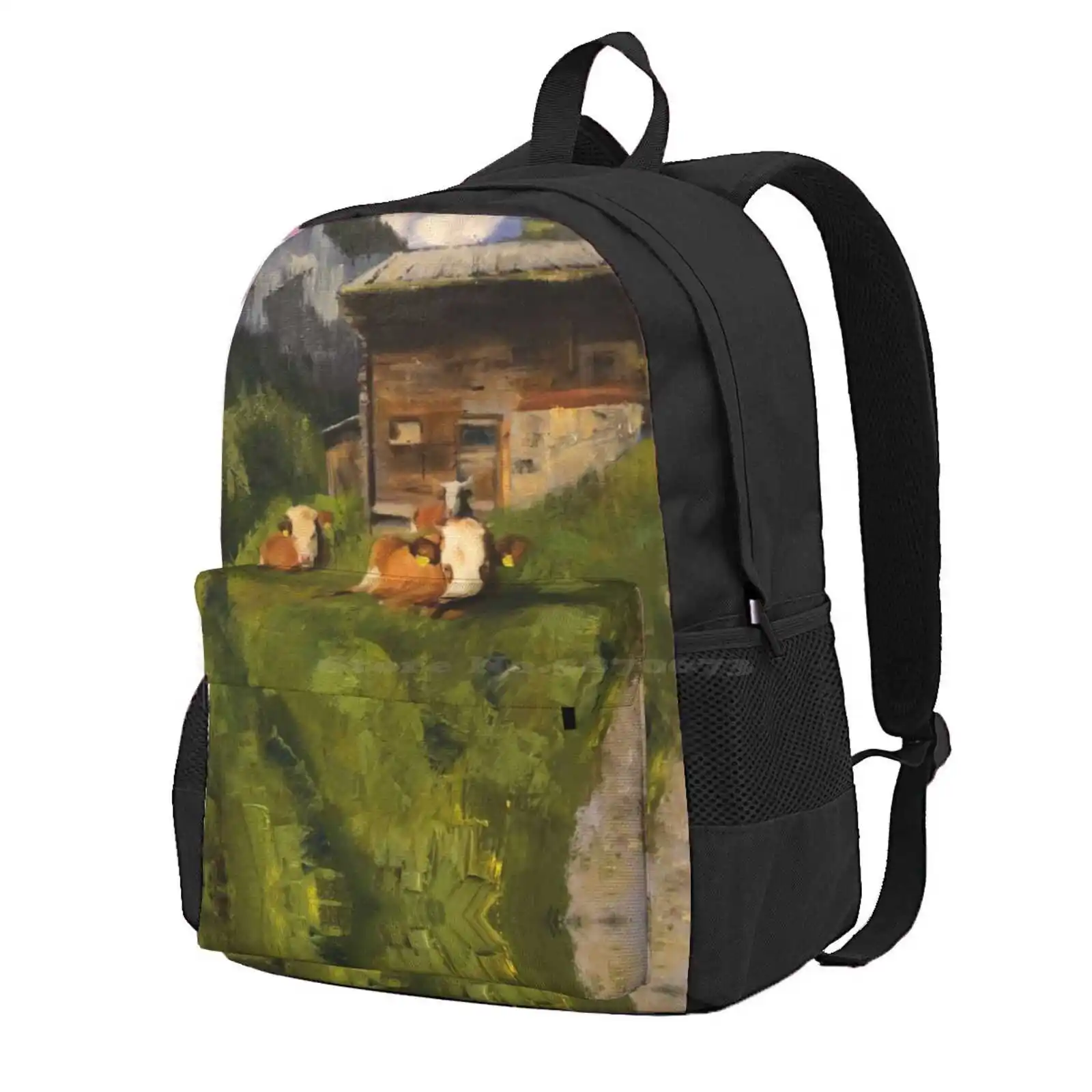 Three Cows Hot Sale Schoolbag Backpack Fashion Bags Cows Swiss Mountains Alps Barn Farm Animals Rural